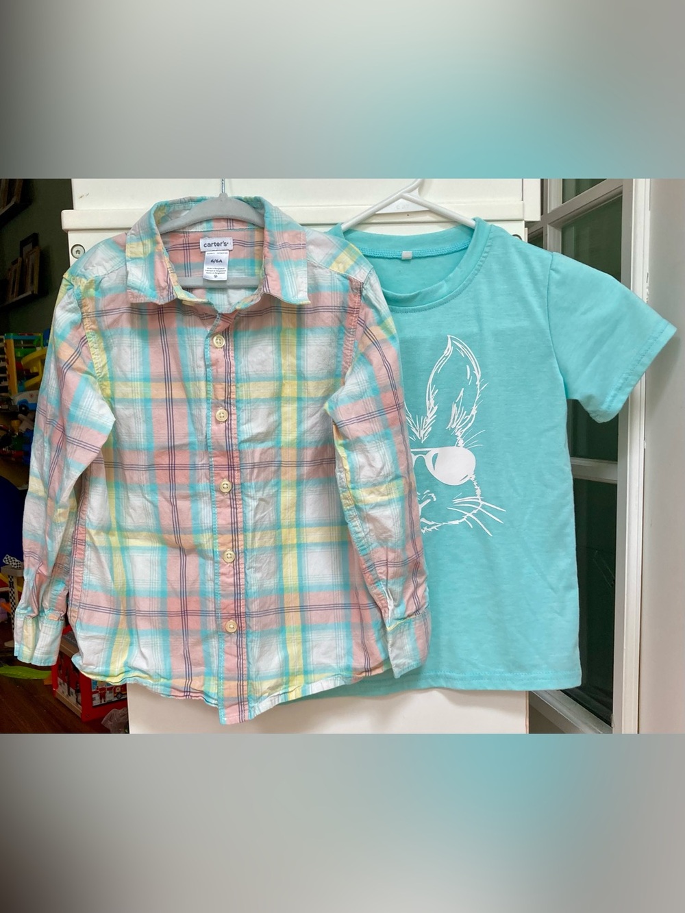 Set of 2 Carter's Aqua/Pink Pastel Plaid Button-Down & Bunny T Shirt Size 6